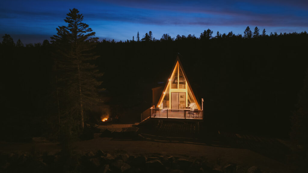 cozy elopement airbnb at nighttime during the blue hour